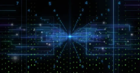 Core blue node lighting, sending neon paths while binary digits streaming Video stock 327803476