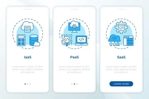 Core cloud service models monochrome blue onboarding mobile app screen 库存插图