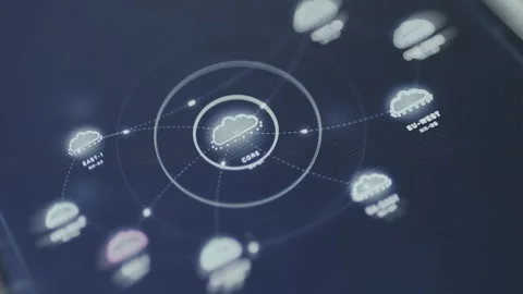 Core hub connected to various satellite nodes labeled as regions Stock Footage 335486255