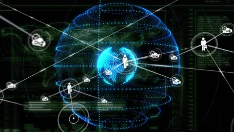 Core lighting starting holo globe rotating, spawning person icons and cloud Stock Footage 328584698