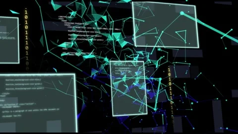 Core network converging into vortex on binary pulse, shifting code panels Stock Footage 334729099