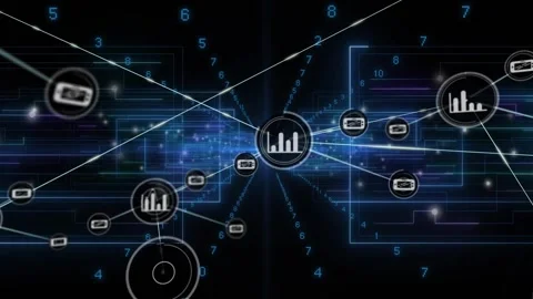 Core node emitting radial lines and spawning device, chart icons, forming Video stock 330622030