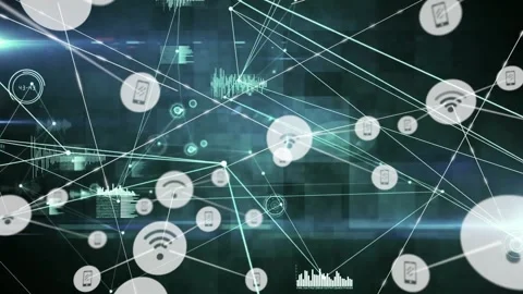 Core node pulsing and radiating lines fueling network growth while icons appear Stock Footage 328524423