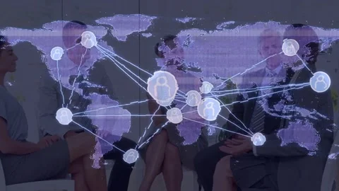 Core node pulsing, map shifting above group while team of five leaning, planning Stock Footage 332956027