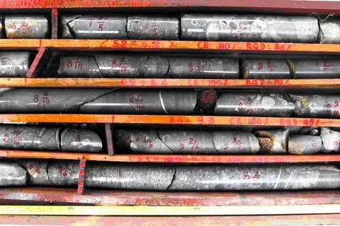 Core samples stored in a box. Geological Stock Photos