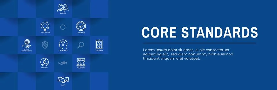 Core Standards Web Header Banner w Icons  - Mission Vision Values and Integri Illustrazione stock