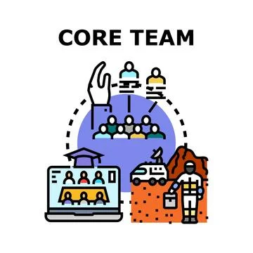 Core team working on innovation, virtual collaboration, and space exploration Stock Illustration