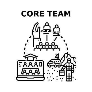 Core team working on innovation, virtual collaboration, and space exploration Stock Illustration