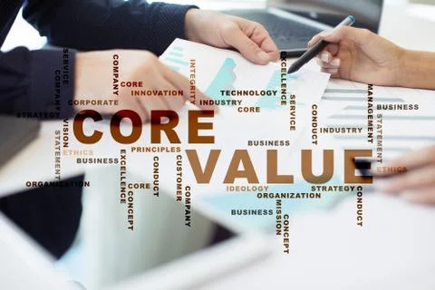 Core value on the virtual screen. Business concept. Words cloud. Stock Illustration