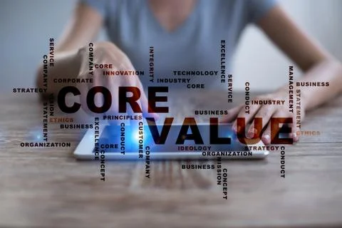 Core value on the virtual screen. Business concept. Words cloud. Stock Illustration