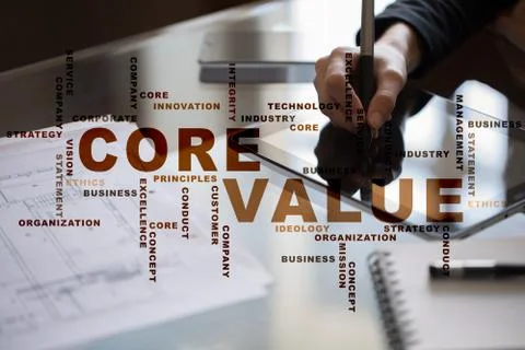 Core value on the virtual screen. Business concept. Words cloud. Stock Photos