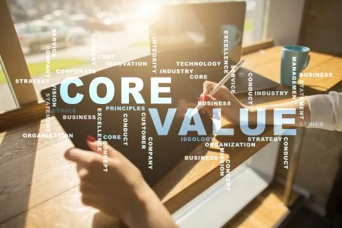 Core value on the virtual screen. Business concept. Words cloud. Stock Photos