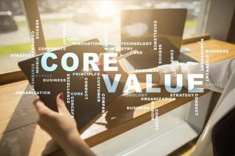 Core value on the virtual screen. Business concept. Words cloud. Fotos Stock