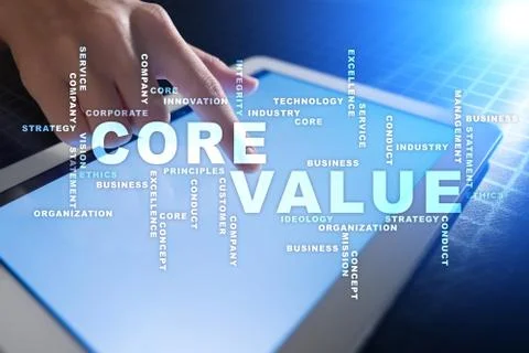 Core value on the virtual screen. Business concept. Words cloud. Stock-Fotos