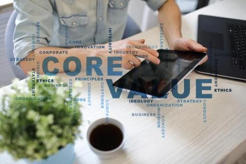 Core value on the virtual screen. Business concept. Words cloud. Stock-Fotos