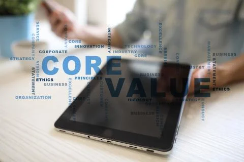 Core value on the virtual screen. Business concept. Words cloud. 스톡 사진