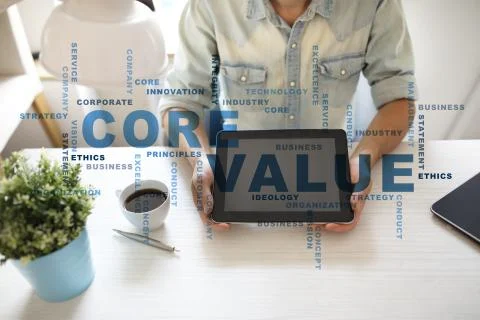 Core value on the virtual screen. Business concept. Words cloud. Stock-Fotos