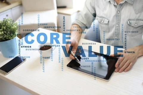 Core value on the virtual screen. Business concept. Words cloud. Fotos Stock