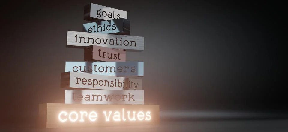 Core values concept - block shapes and glow effect - 3D illustration Stock Illustration