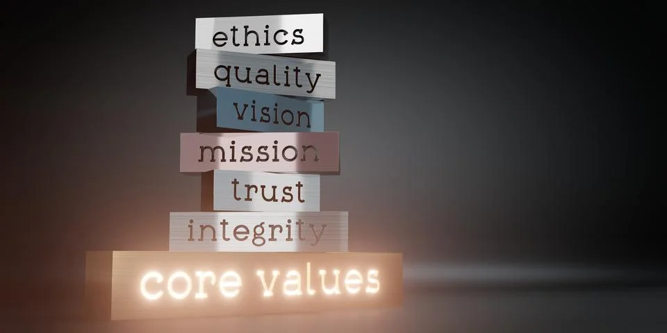 Core values concept - block shapes and glow effect - 3D illustration Stock Illustration