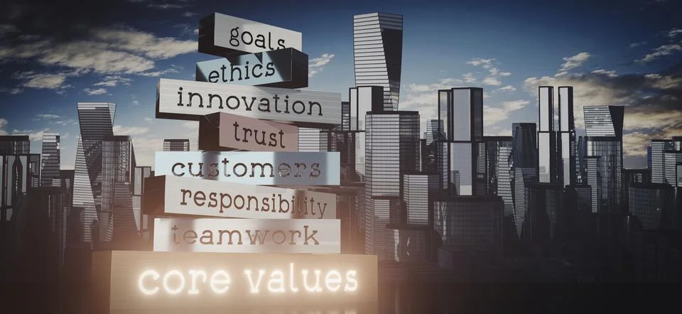 Core values concept - block shapes and skyscrapers - 3D illustration 스톡 일러스트