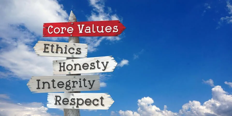 Core values concept - ethics, honesty, integrity, respect - wooden signpost.. Illustrazione stock