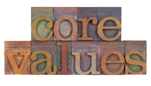  core values ethics concept - core values words in vintage wooden letterpr... Stock Photos