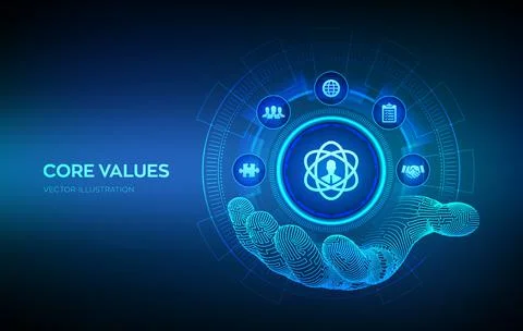 Core Values icon in robotic hand. Responsibility Ethics Goals Company concept Illustrazione stock