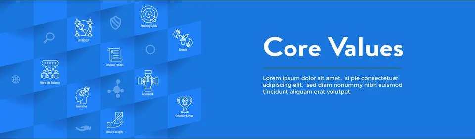 Core Values icon set and web header banner showing icons of core values Stock Illustration
