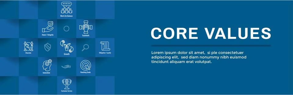 Core Values icon set and web header banner showing icons of core values Illustrazione stock