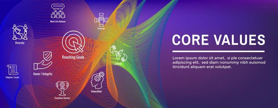 Core Values icon set and web header banner showing icons of core values Stock Illustration