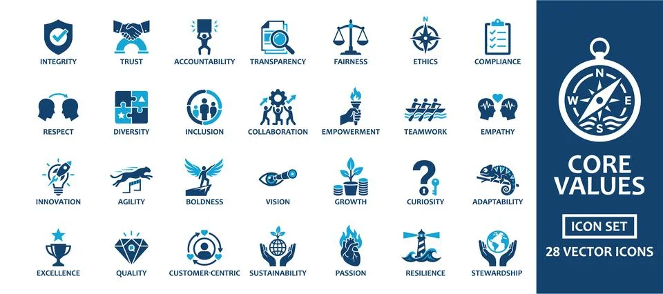 Core values icon set for business. Includes symbols for integrity, trust, c.. Stock Illustration