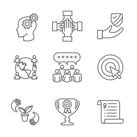 Core Values icon set with teamwork, work life balance and diversity Stock Illustration