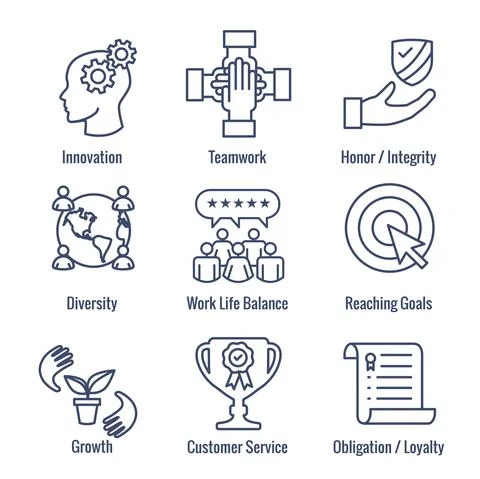 Core Values icon set with teamwork, work life balance and diversity 스톡 일러스트