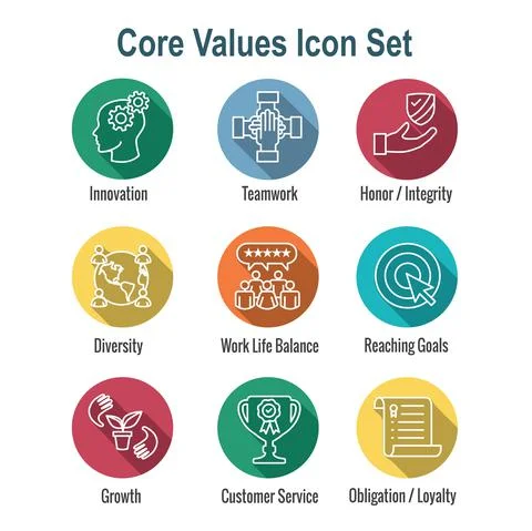 Core Values icon set with teamwork, work life balance and diversity Stock Illustration