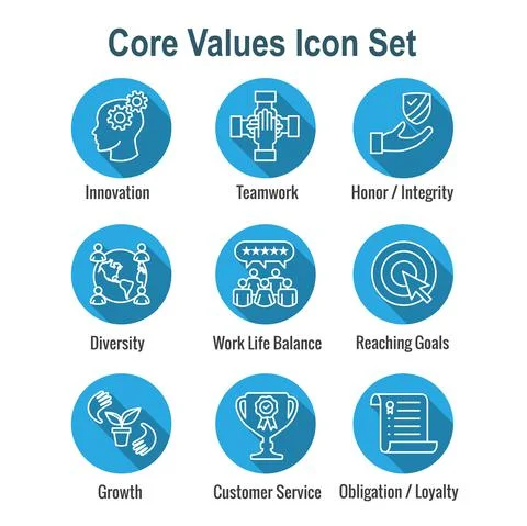 Core Values icon set with teamwork, work life balance and diversity Stock Illustration