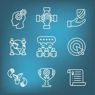 Core Values icon set with teamwork, work life balance and diversity Stock Illustration