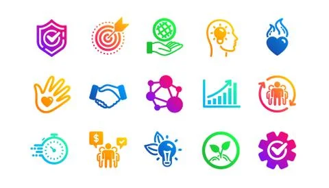 Core values icons. Integrity, Target purpose and Strategy. Trust handshake, goal Illustrazione stock