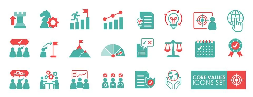 Core values icons set, Integrity, Target purpose, and Strategy. Core values.. Stock Illustration