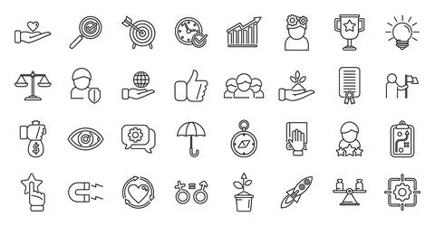 Core values icons set outline vector. Client innovation Illustrazione stock