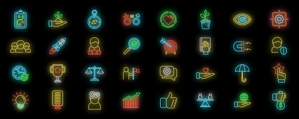 Core values icons set vector neon Illustrazione stock