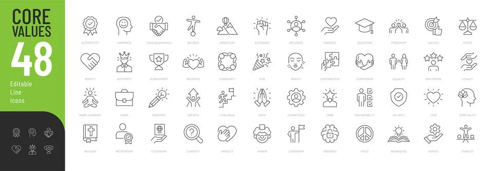 Core Values Line Editable Icons set. Stock Illustration