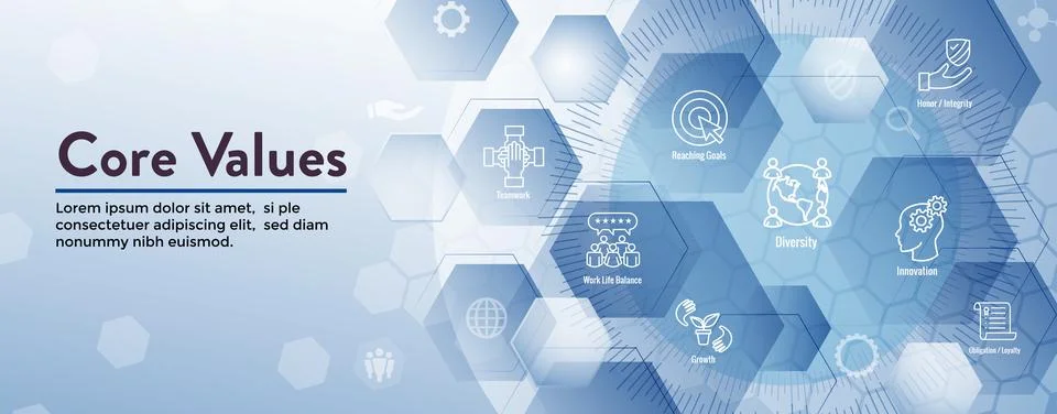 Core Values or Mission and Vision Icon Set with Web Header Banner Stock Illustration