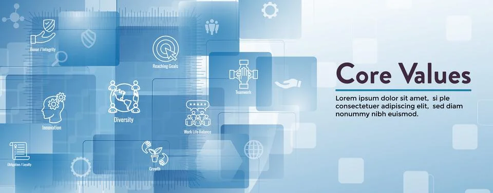 Core Values or Mission and Vision Icon Set with Web Header Banner Stock Illustration