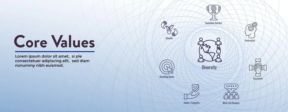 Core Values or Mission and Vision Icon Set with Web Header Banner Illustrazione stock