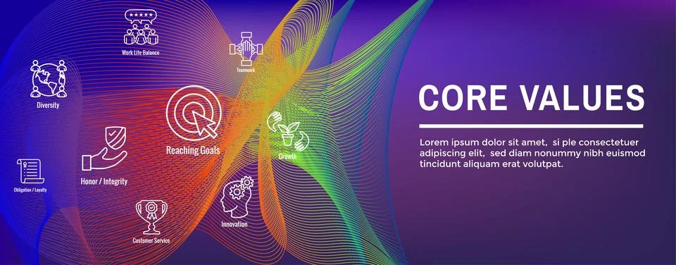 Core Values or Mission and Vision Icon Set with Web Header Banner Stock Illustration