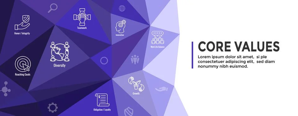 Core Values or Mission and Vision Icon Set with Web Header Banner Stock Illustration