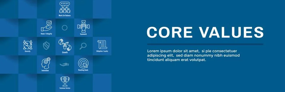 Core Values or Mission and Vision Icon Set with Web Header Banner Stock Illustration