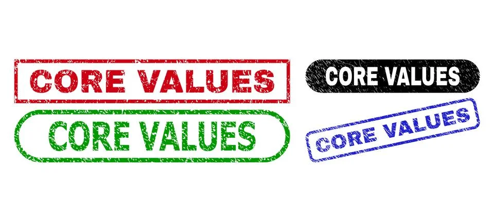 CORE VALUES Rectangle Stamp Seals Using Grunge Style Illustrazione stock