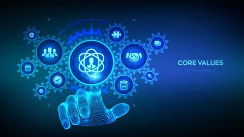 Core Values. Responsibility Ethics Goals Company concept on virtual screen... Illustrazione stock